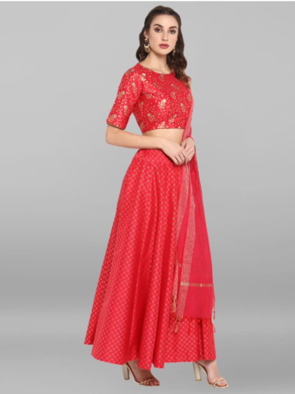 Janasya Indian Women's Pink Gold Print Festive Wear Lehenga Choli for Women